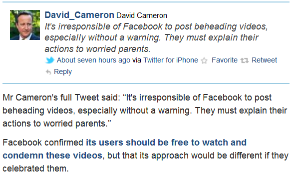 Tweet de David Cameron contre Facebook