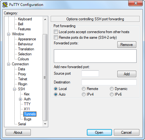 Fenêtre "Tunnels SSH" sous Putty
