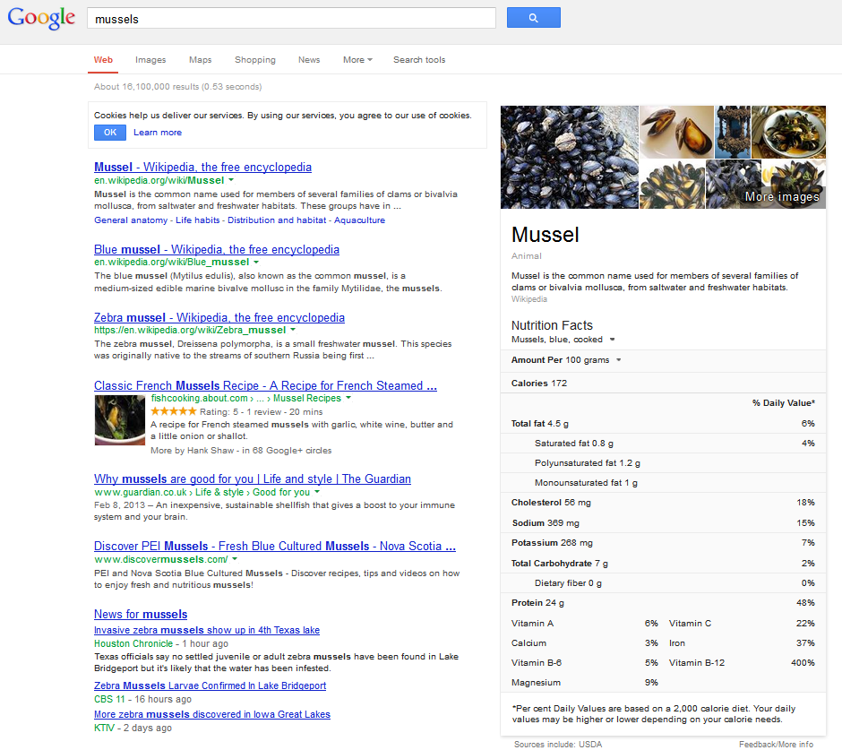 Google offre les propriétés nutritives des moules