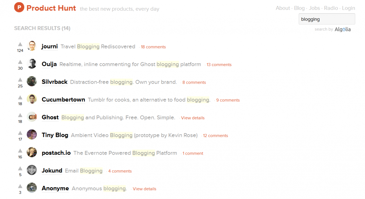 Page blogging Product Hunt
